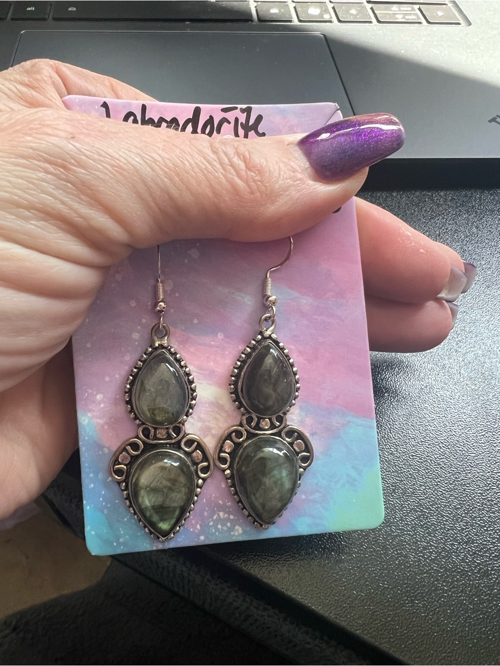 Labradorite Teardrop Dangle Earrings - Silver-toned